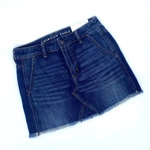 NWT American Eagle AE Hi Rise Festival Mini Denim Skirt Raw Hem Dark Wash 2 - Picture 1 of 8